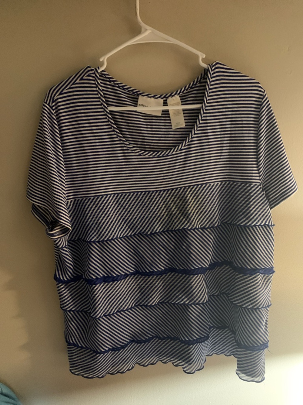Alfred Dunner Navy & White Striped Ruffle Short Sleeve Top